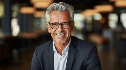 Fototapeta premium Portrait of happy mature businessman wearing spectacles and looking at camera 