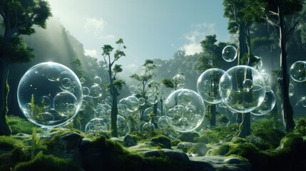 3D rendering of hydrogen in a soap bubble on a forest background. Innovative hydrogen H 2 technology, zero emissions. Reduce carbon dioxide
