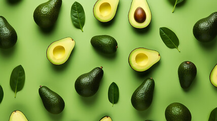 Amazing Fresh avocado pattern on a green background flat lay