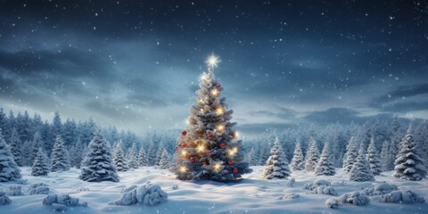 Winter panoramic background with snow - covered spruce branches, Christmas tree decorated with toys in snowfall.