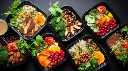 Beautiful Restaurant Healthy Food Delivery in Take Away Boxes - obrazy, fototapety, plakaty