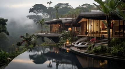 A modern house with a thatched roof sits on a hill. swimming pool in the garden In the style of Mayan art and architecture, Africa - Colombia