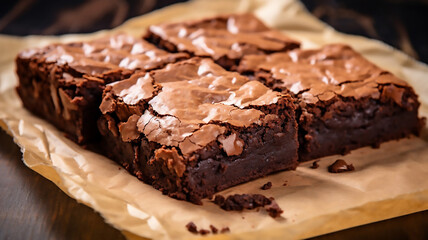 Freshly baked homemade brownies on a parchment paper - obrazy, fototapety, plakaty