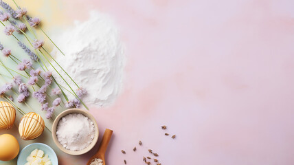 Ingredients and utensils for baking on a pastel background