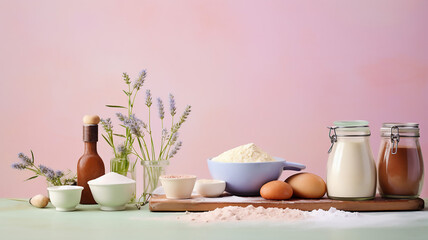 Fototapeta na wymiar Amazing Ingredients and utensils for baking on a pastel backgrou