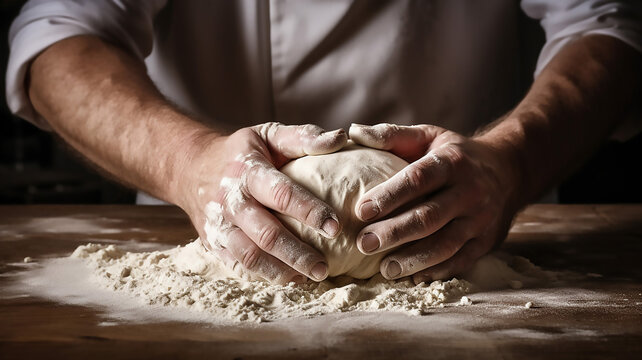 Hands of bakers male knead dough