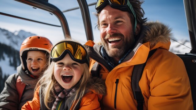 Happy family on the cable car climbing up the ski slopes. Skiing