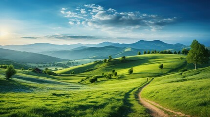Obraz premium Picturesque winding path through a green grass field in hilly area in morning at dawn against blue sky with clouds