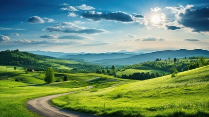 Obraz premium Picturesque winding path through a green grass field in hilly area in morning at dawn against blue sky with clouds