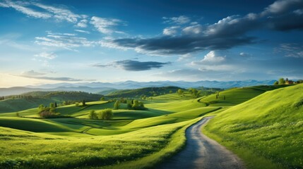 Picturesque winding path through a green grass field in hilly area in morning at dawn against blue sky with clouds