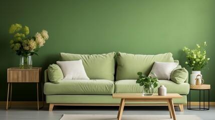 Green sofa with table on green wall and wooden floorin
