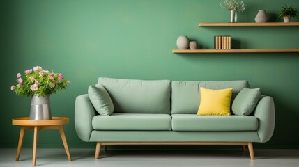 Green sofa with table on green wall and wooden floorin
