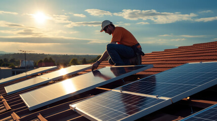  Installation de panneaux solaires au coucher du soleil : un technicien au travail. - Powered by Adobe
