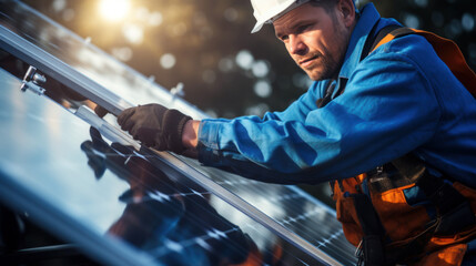Technicien en énergie solaire installant avec soin des panneaux photovoltaïques au coucher du soleil. - obrazy, fototapety, plakaty