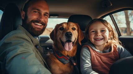 The whole family is driving for the weekend. Father and mother with daughter and Labrador dog...
