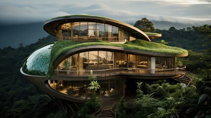 Fototapeta na wymiar Two - storey eco house on top of the hill in tropical jungle built entirely from laminated bamboo with natural wave - like smooth forms with a high roof and a large windows all around