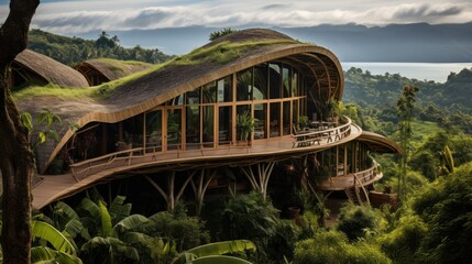 Two - storey eco house on top of the hill in tropical jungle built entirely from laminated bamboo...