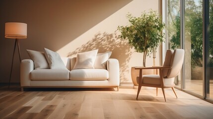 Fototapeta na wymiar Modern villa living room with beige furniture