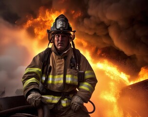 Naklejka premium Brave Firefighter Tackling the Blaze: Stock Photo of Heroic Firefighter Surrounded by Smoke and Fire
