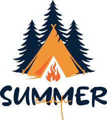 summer camp logo with pine trees and tent