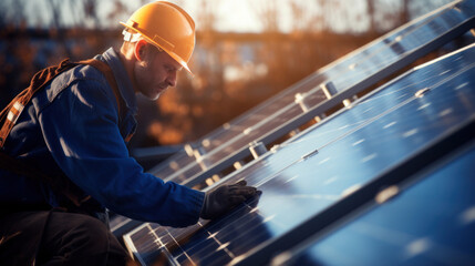 Technicien spécialisé ajustant des panneaux solaires au coucher du soleil - obrazy, fototapety, plakaty