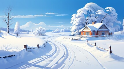 Fototapeta na wymiar Blizzard Blankets The Countryside Landscape With House And Car In A Relentless Whiteout, Cartoon Vector Illustration