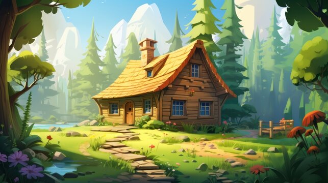 Cozy wooden house in summer forest. Vector cartoon illustration of nice cottage with porch, windows and chimney on roof, tall trees with green foliage and stones in yard, sunlight flares in air