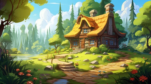  Cozy wooden house in summer forest. Vector cartoon illustration of nice cottage with porch, windows and chimney on roof, tall trees with green foliage and stones in yard, sunlight flares in air