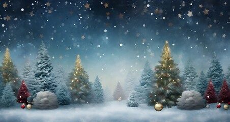 Obraz premium Magical Winter Forest Background with Glowing Christmas Trees, Falling Snow, and Starry Night Sky for Holiday Season