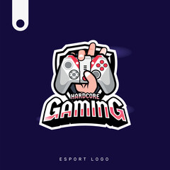 Gaming mascot hand holding joystick esport logo design