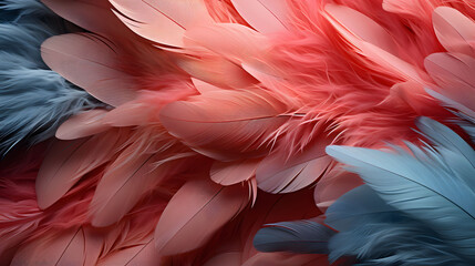 Soft Pastel Elegance; Detailed Close-Up of pink and baby blue colored feathers, a symphony of colors and textures