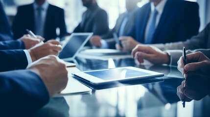 Teamwork meeting, tablet and business people in office workplace
