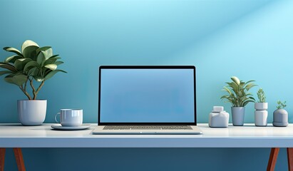 computer monitor with blank screen, tablet and smartphone on blue background with copy space, in the style of minimalist design, rounded, smartphone footage, industrial and product design, large canva