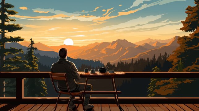Man sitting on porch with mountain view cartoon background.