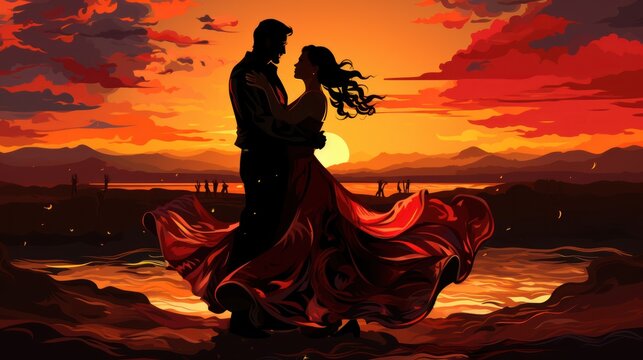 Fototapeta Passionate Flamenco Dance by Hispanic Couple at Sunset