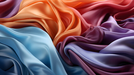  Beauty of fine silk fabrics ; A detailed closeup 4K shot showcasing the lustrous silk in mesmerizing array of colors - blue, orange, purple, and pink hues