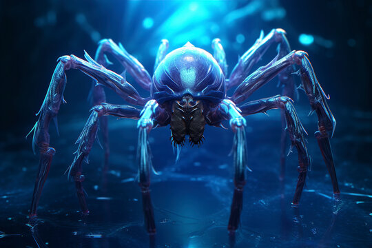 An angry giant huntsman spider in blue. (Generative AI)