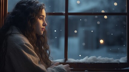 sad girl depressed person sitting by a window gazing out at a snowy landscape lost in thought