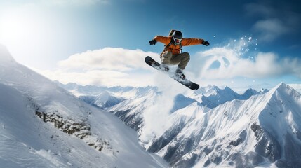 Naklejka na ściany i meble Extreme High Flying Big Air Snowboarder Jump