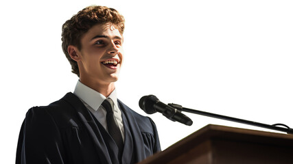 Caucasian male student giving a graduation speech, transparent background (PNG) - obrazy, fototapety, plakaty