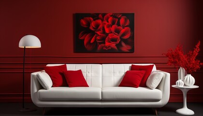Interior design of modern white couch on red wall background
