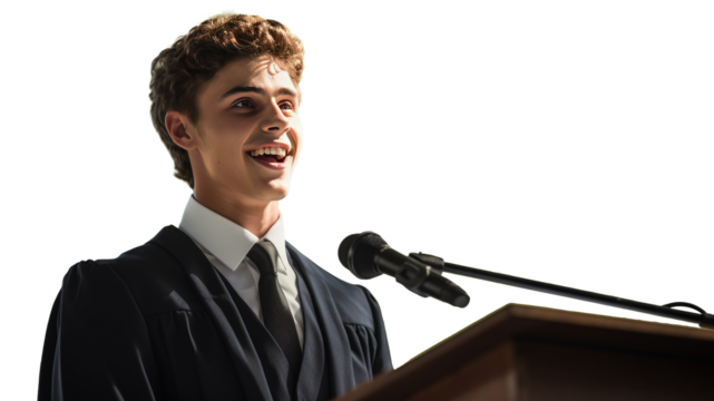 Caucasian male student giving a graduation speech, transparent background (PNG) - Powered by Adobe
