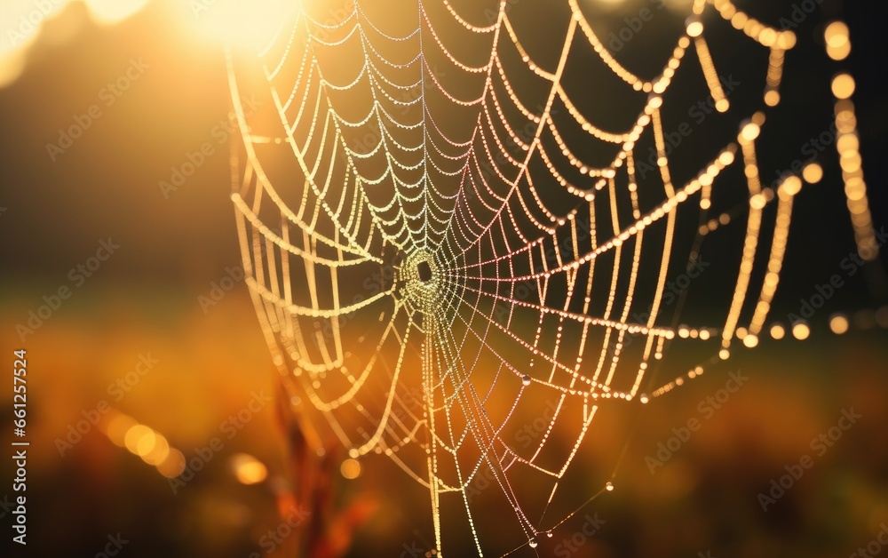 Wall mural cold dew condensing on a spider web with morning light rays in the background
