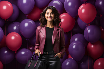 Black friday sale concept. Shopping woman holding bag background in holiday