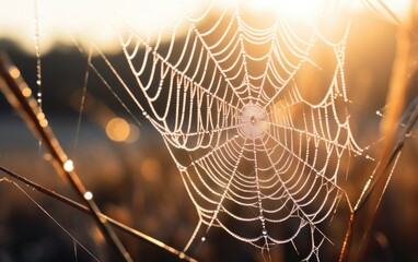 Cold dew condensing on a spider web with morning light rays in the background - obrazy, fototapety, plakaty