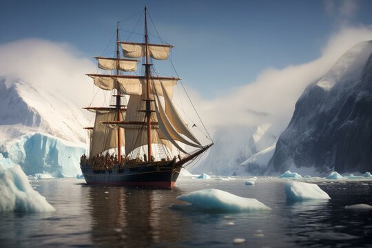 Sailing icebreaker in the midst of a glacier. Generative AI