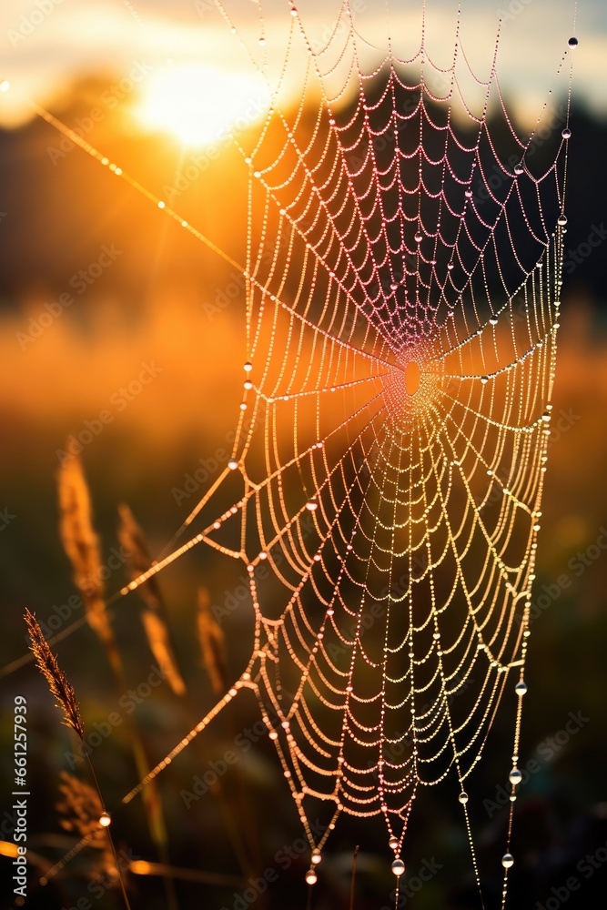 Wall mural cold dew condensing on a spider web with morning light rays in the background