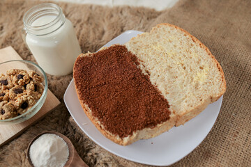 Bread with choco and butter on a plate for breakfast