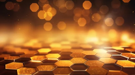 Fotobehang 3D hexagon or honeycomb mosaic pattern abstract background gold and black metal, glass, crystal reflection glitter luxury elegant, sparkle or glossy. Geometric low polygon. blurred bokeh background. © chawalit