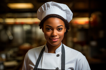 Portrait of African woman chef on kitchen background. A woman in a chef's hat and an apron.